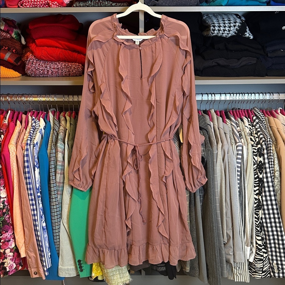 Time & Tru dusty pink long sleeve ruffled front button lined dress size XXL NWT